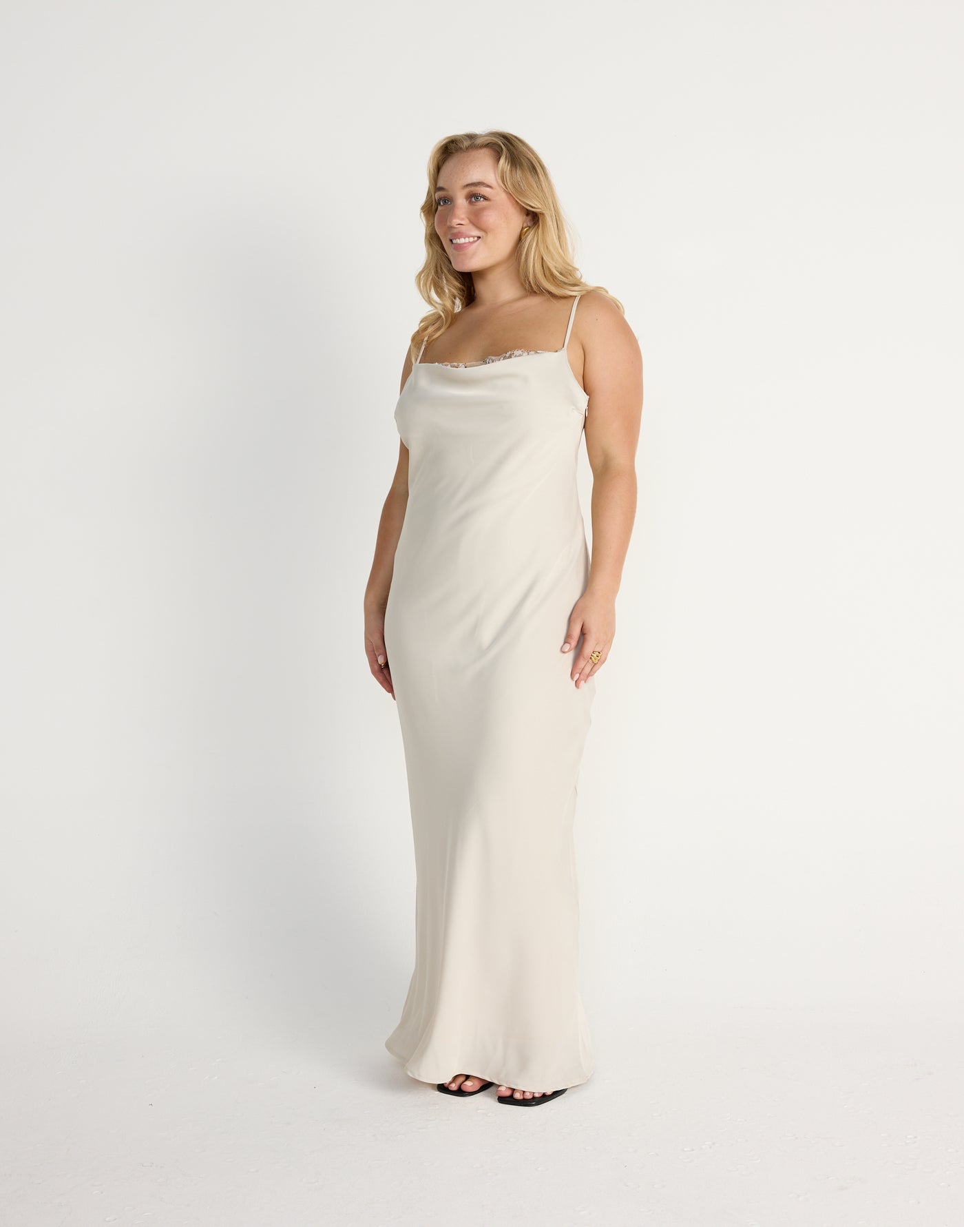 Fated Maxi Dress (Oat) | CHARCOAL Exclusive - Lace Detail Flowy Satin Maxi Dress - Women's Dress - Charcoal Clothing