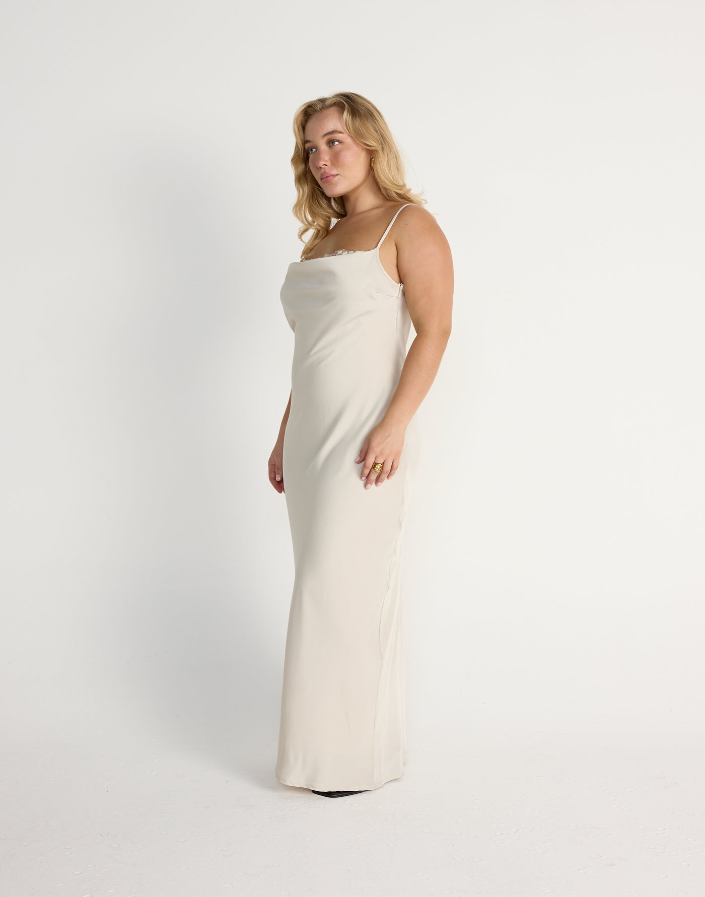 Fated Maxi Dress (Oat) | CHARCOAL Exclusive - Lace Detail Flowy Satin Maxi Dress - Women's Dress - Charcoal Clothing
