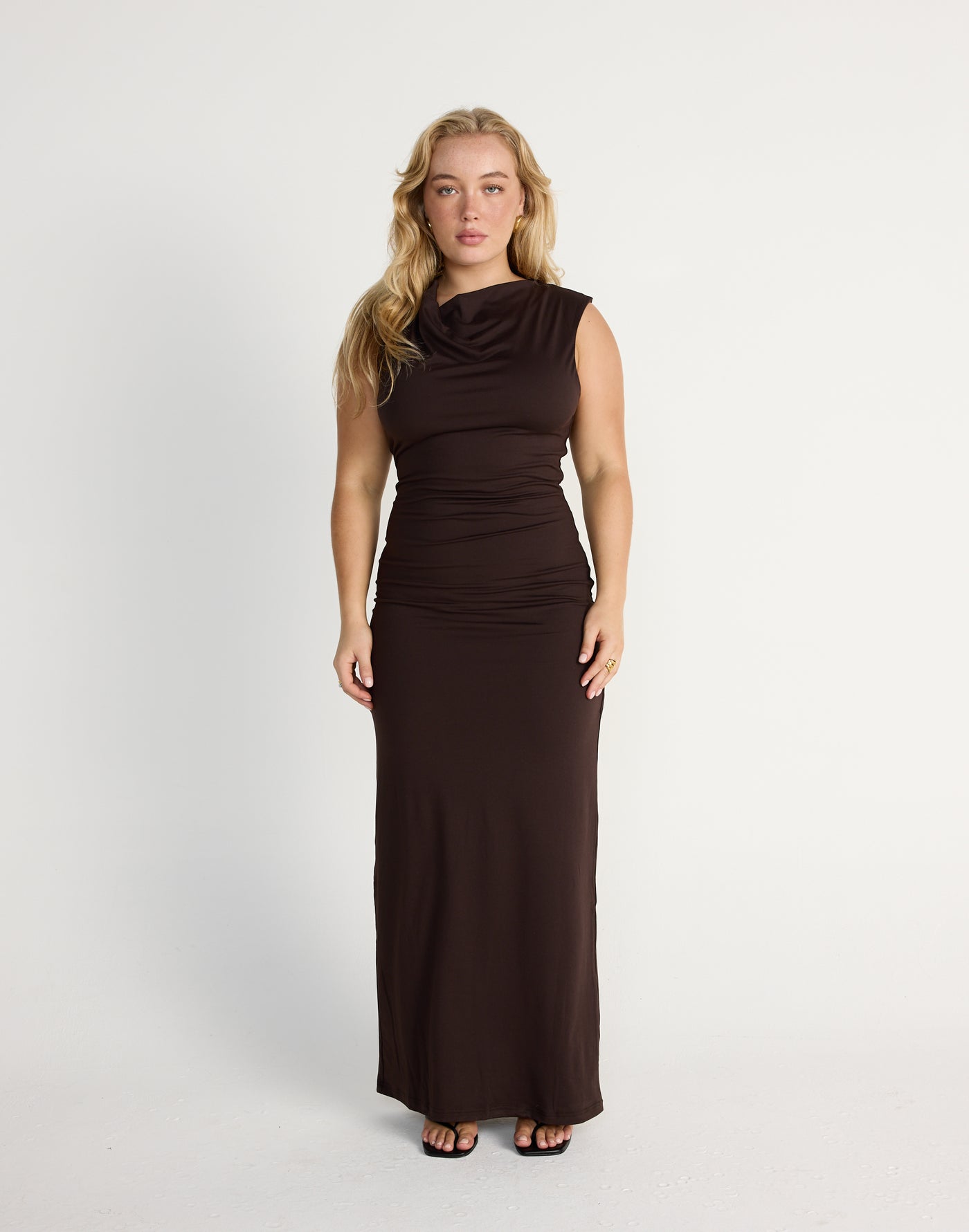 Florrie Maxi Dress (Chocolate) | CHARCOAL EXCLUSIVE | Bodycon butter jersey fabrication cowl neck maxi dress - Women's Dress - Charcoal Clothing