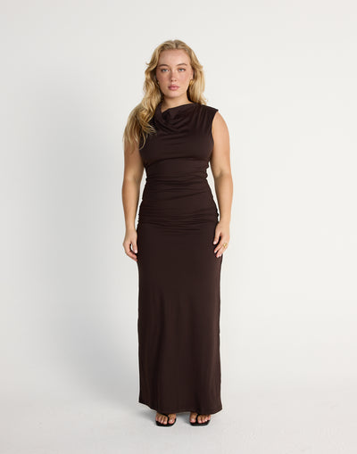 Florrie Maxi Dress (Chocolate) | CHARCOAL EXCLUSIVE | Bodycon butter jersey fabrication cowl neck maxi dress - Women's Dress - Charcoal Clothing