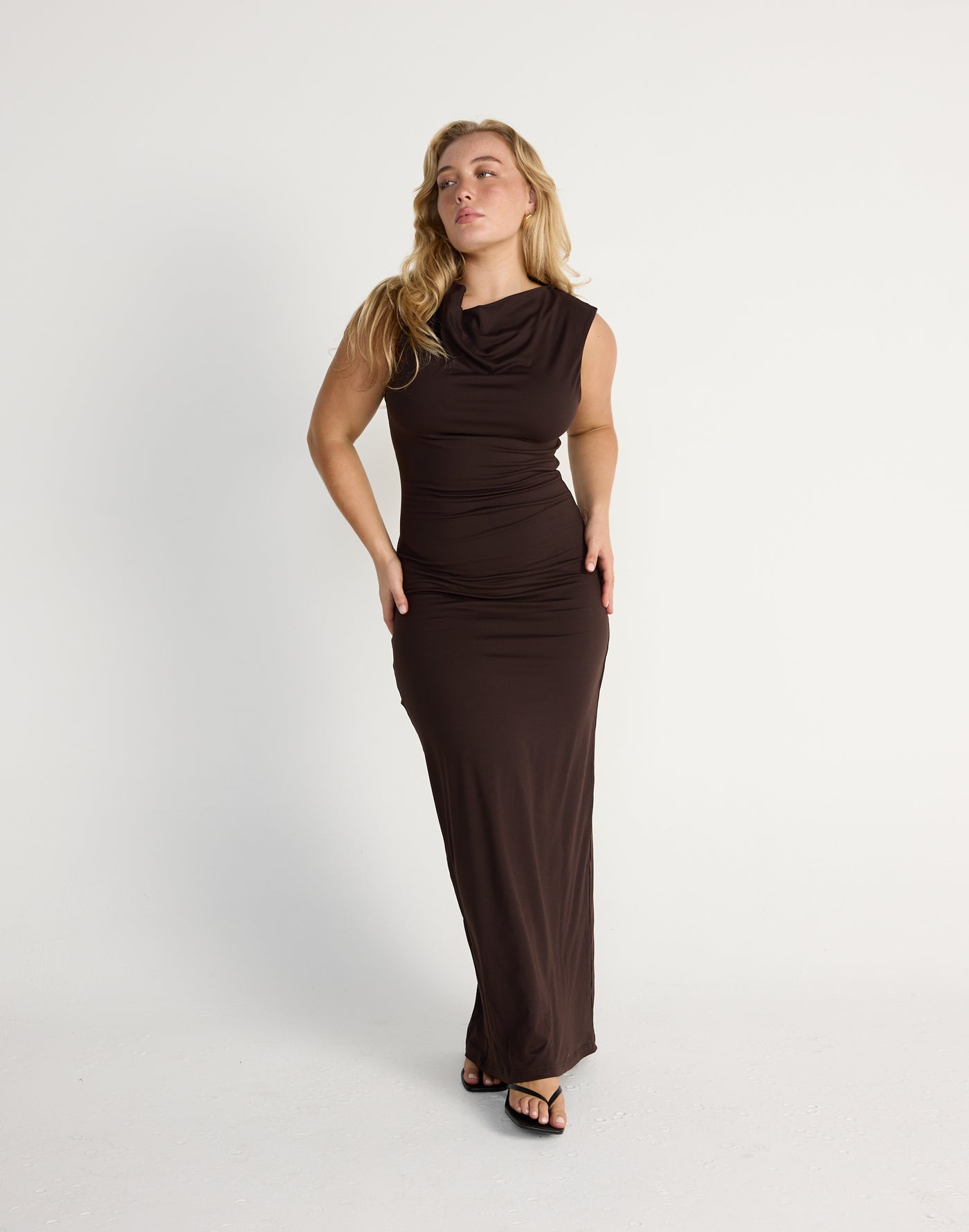 Florrie Maxi Dress (Chocolate) | CHARCOAL EXCLUSIVE | Bodycon butter jersey fabrication cowl neck maxi dress - Women's Dress - Charcoal Clothing