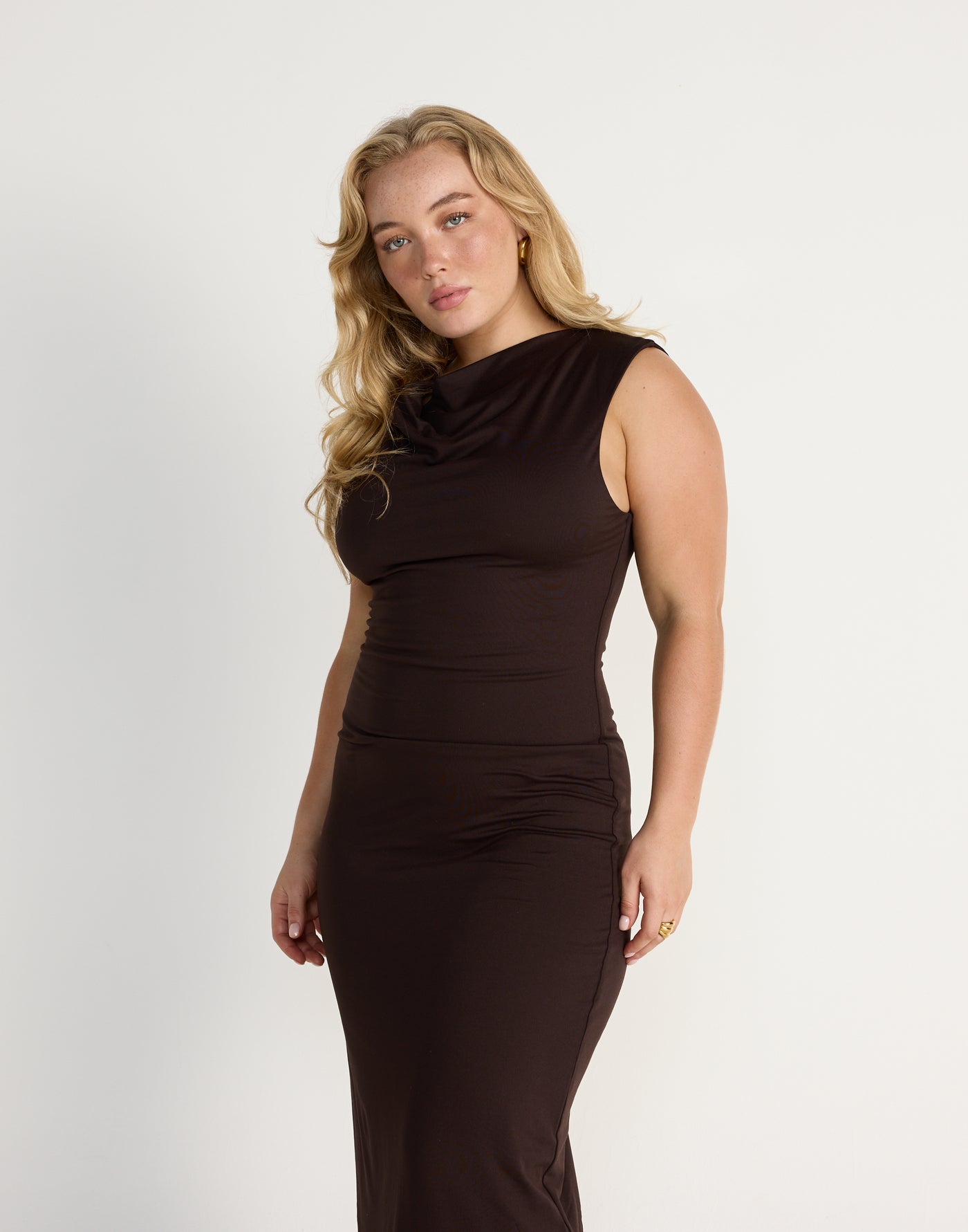 Florrie Maxi Dress (Chocolate) | CHARCOAL EXCLUSIVE | Bodycon butter jersey fabrication cowl neck maxi dress - Women's Dress - Charcoal Clothing