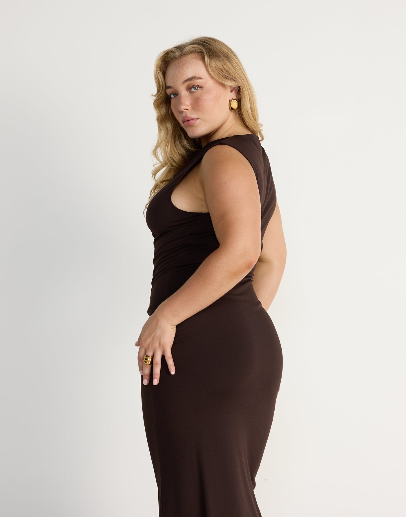 Florrie Maxi Dress (Chocolate) | CHARCOAL EXCLUSIVE | Bodycon butter jersey fabrication cowl neck maxi dress - Women's Dress - Charcoal Clothing