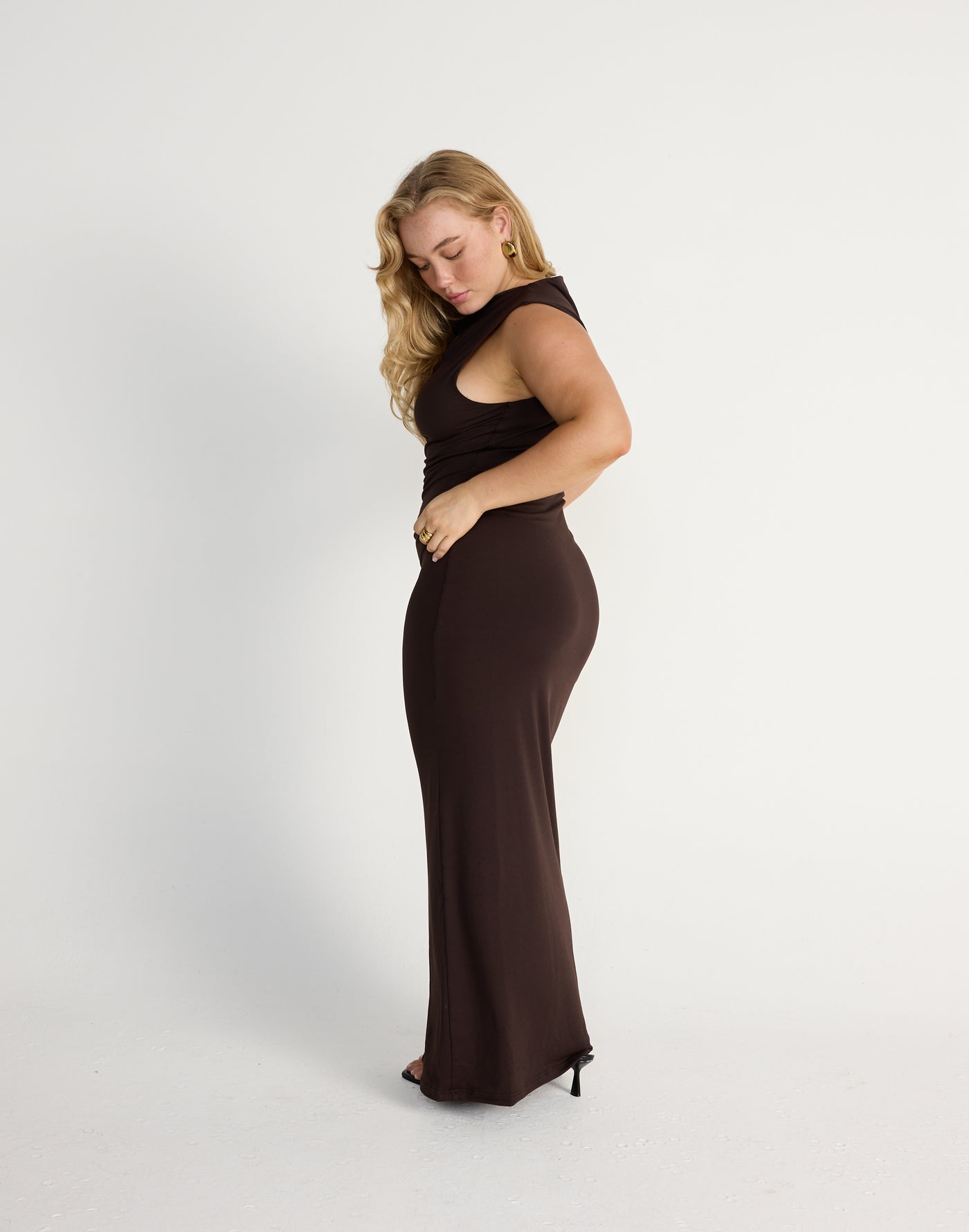 Florrie Maxi Dress (Chocolate) | CHARCOAL EXCLUSIVE | Bodycon butter jersey fabrication cowl neck maxi dress - Women's Dress - Charcoal Clothing