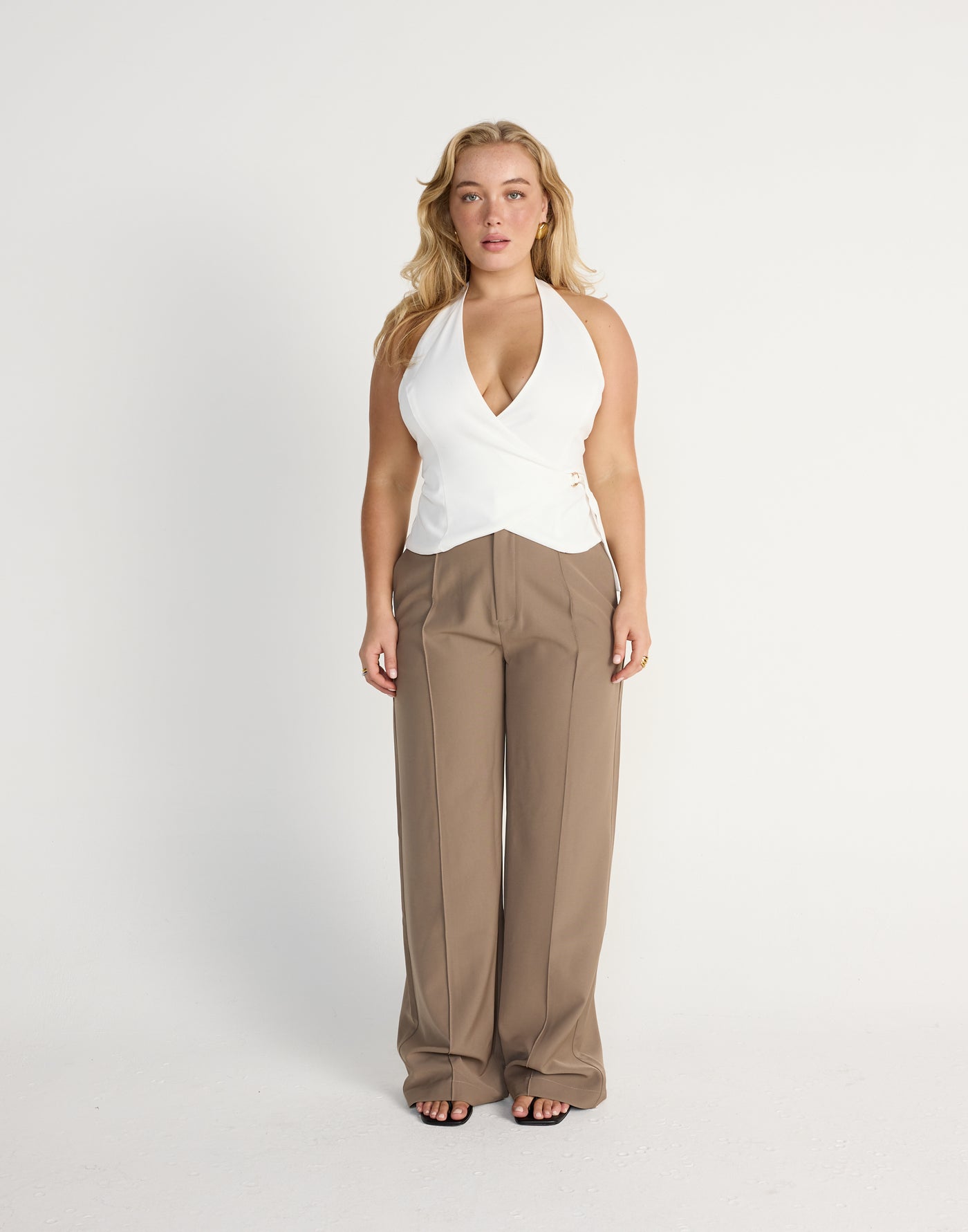 Malika Top (White) | CHARCOAL Exclusive - V-neckline Suiting Adjustable Waist Top - Women's Top - Charcoal Clothing