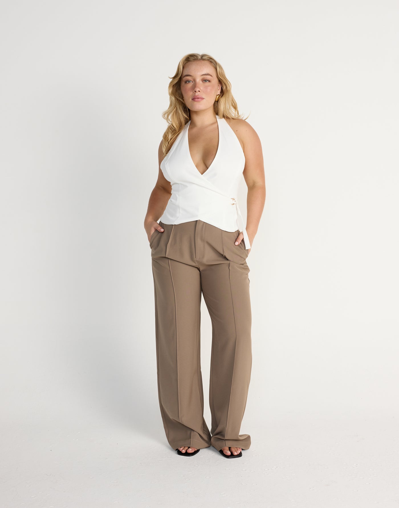 Malika Top (White) | CHARCOAL Exclusive - V-neckline Suiting Adjustable Waist Top - Women's Top - Charcoal Clothing