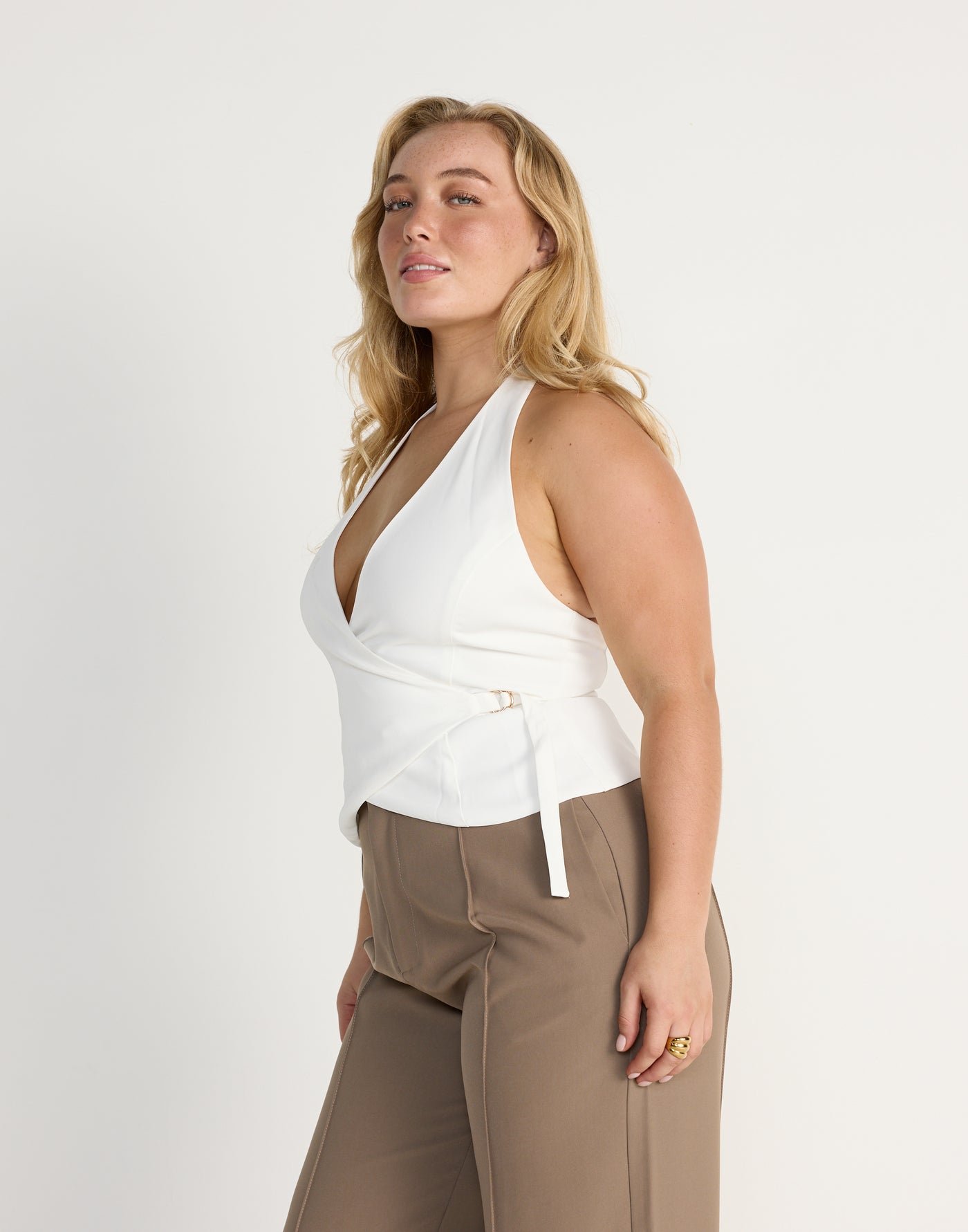 Malika Top (White) | CHARCOAL Exclusive - V-neckline Suiting Adjustable Waist Top - Women's Top - Charcoal Clothing
