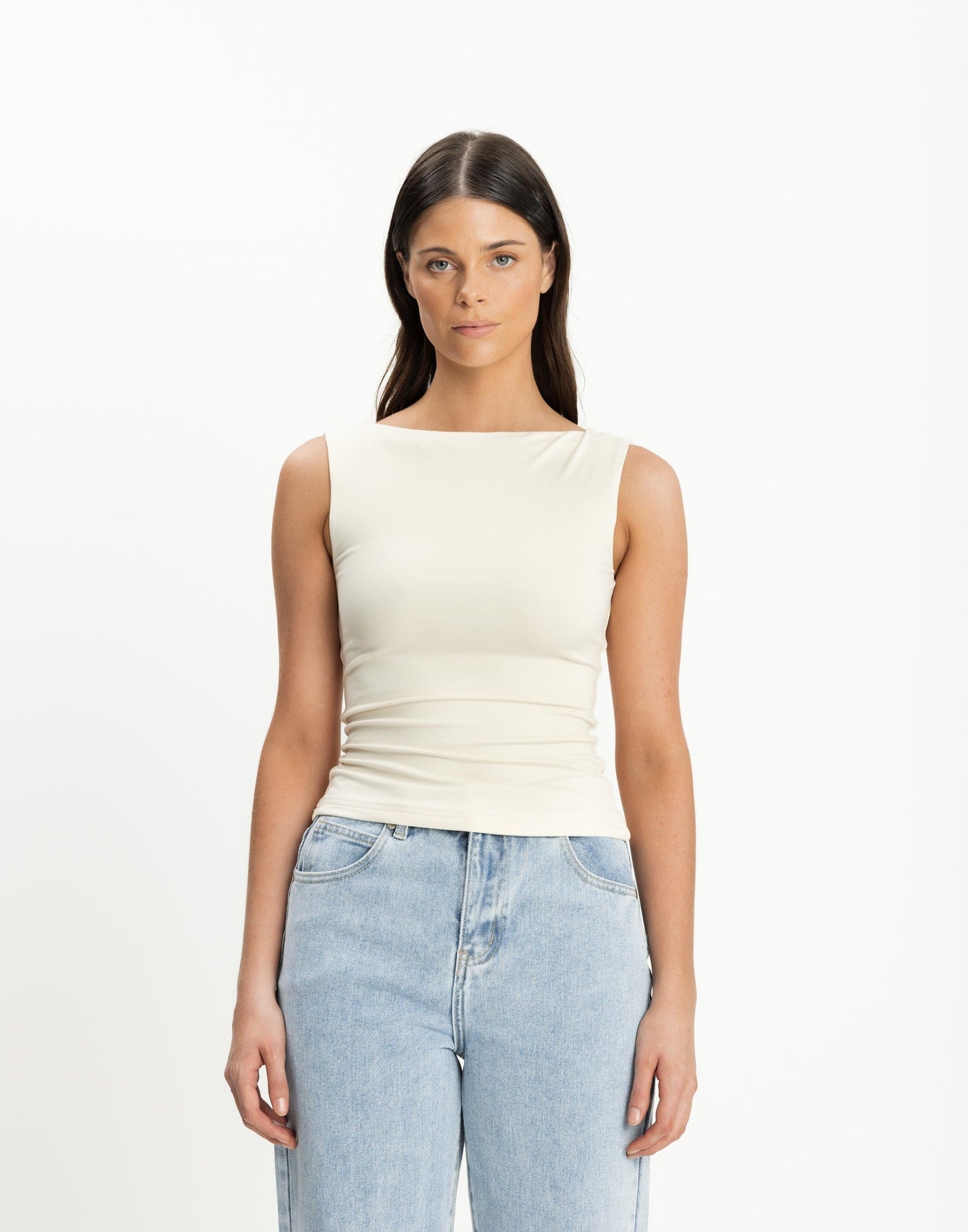 Heatwave Top (Oat) | CHARCOAL Exclusive - Boat Neckline Bodycon Butter Jersey Top - Women's Top - Charcoal Clothing