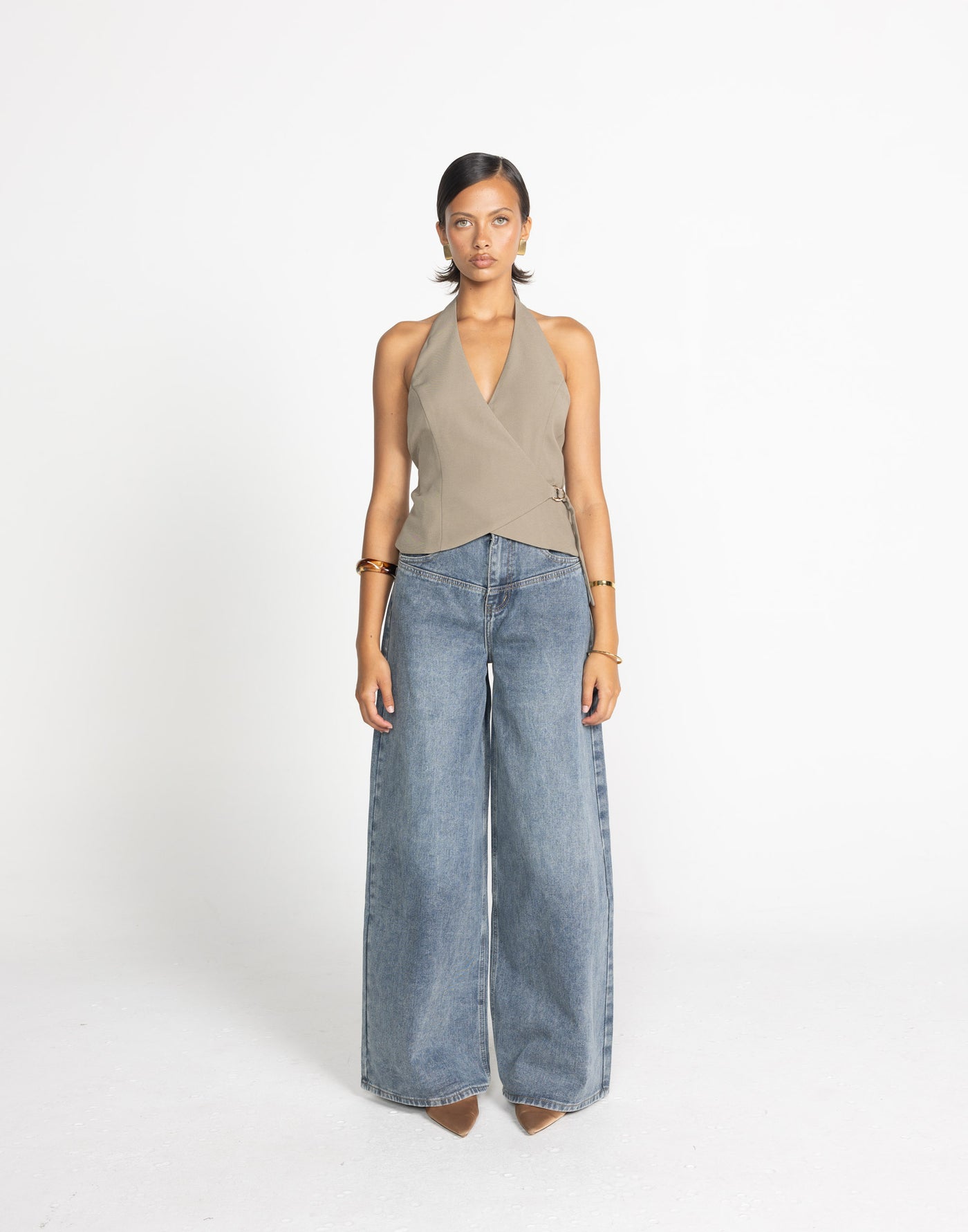 Malika Top (Stone) | CHARCOAL Exclusive - Stone V Neck Wrap Halter Top - Women's Top - Charcoal Clothing