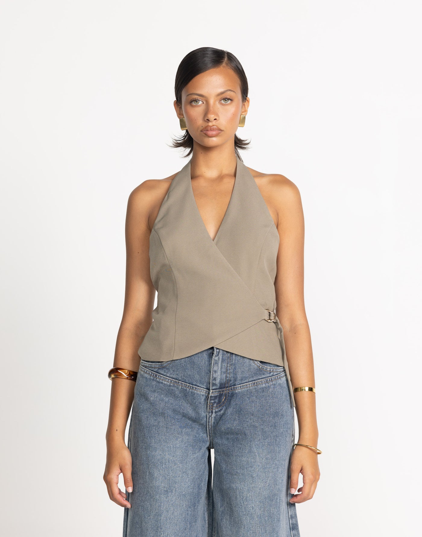 Malika Top (Stone) | CHARCOAL Exclusive - Stone V Neck Wrap Halter Top - Women's Top - Charcoal Clothing