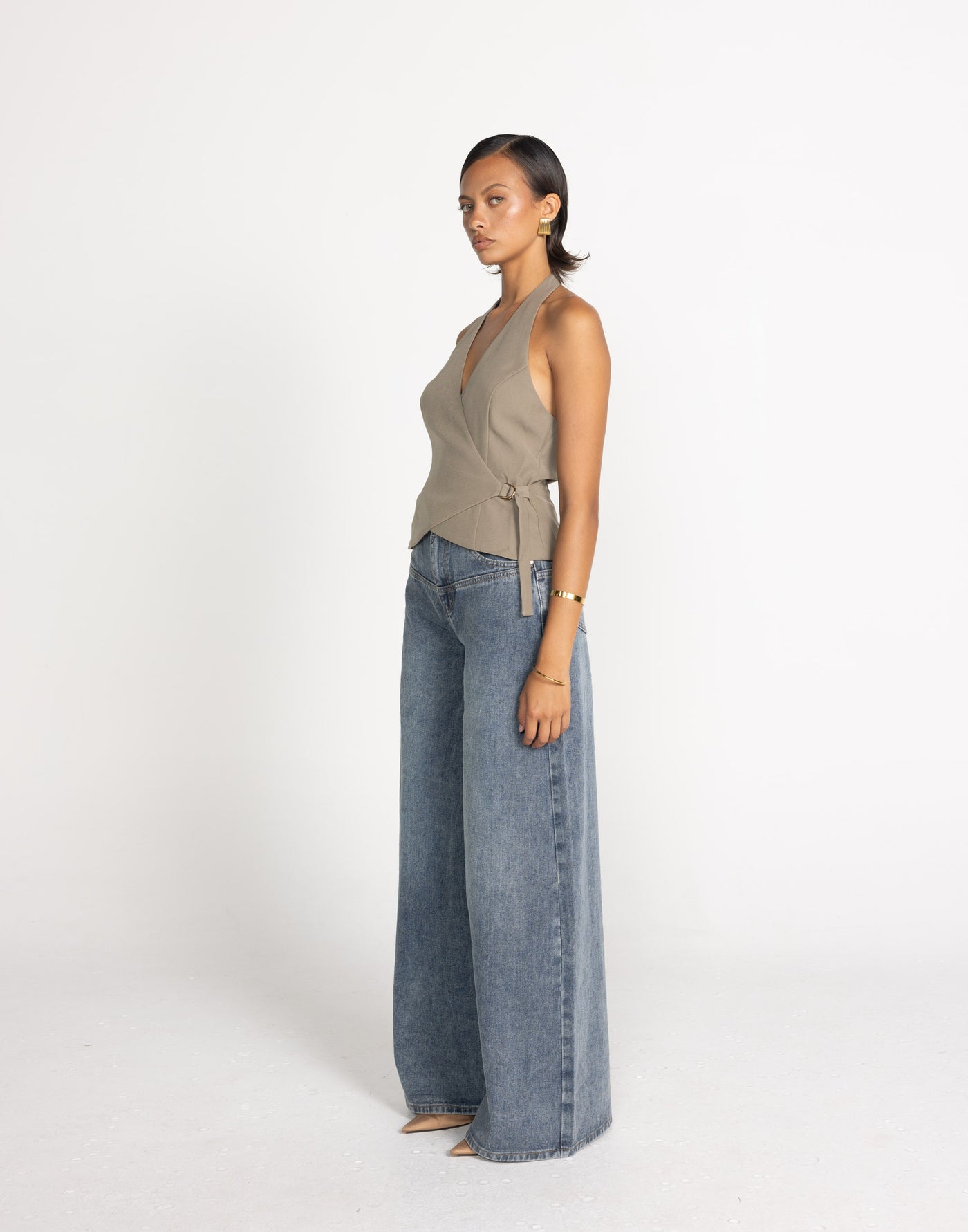 Malika Top (Stone) | CHARCOAL Exclusive - Stone V Neck Wrap Halter Top - Women's Top - Charcoal Clothing