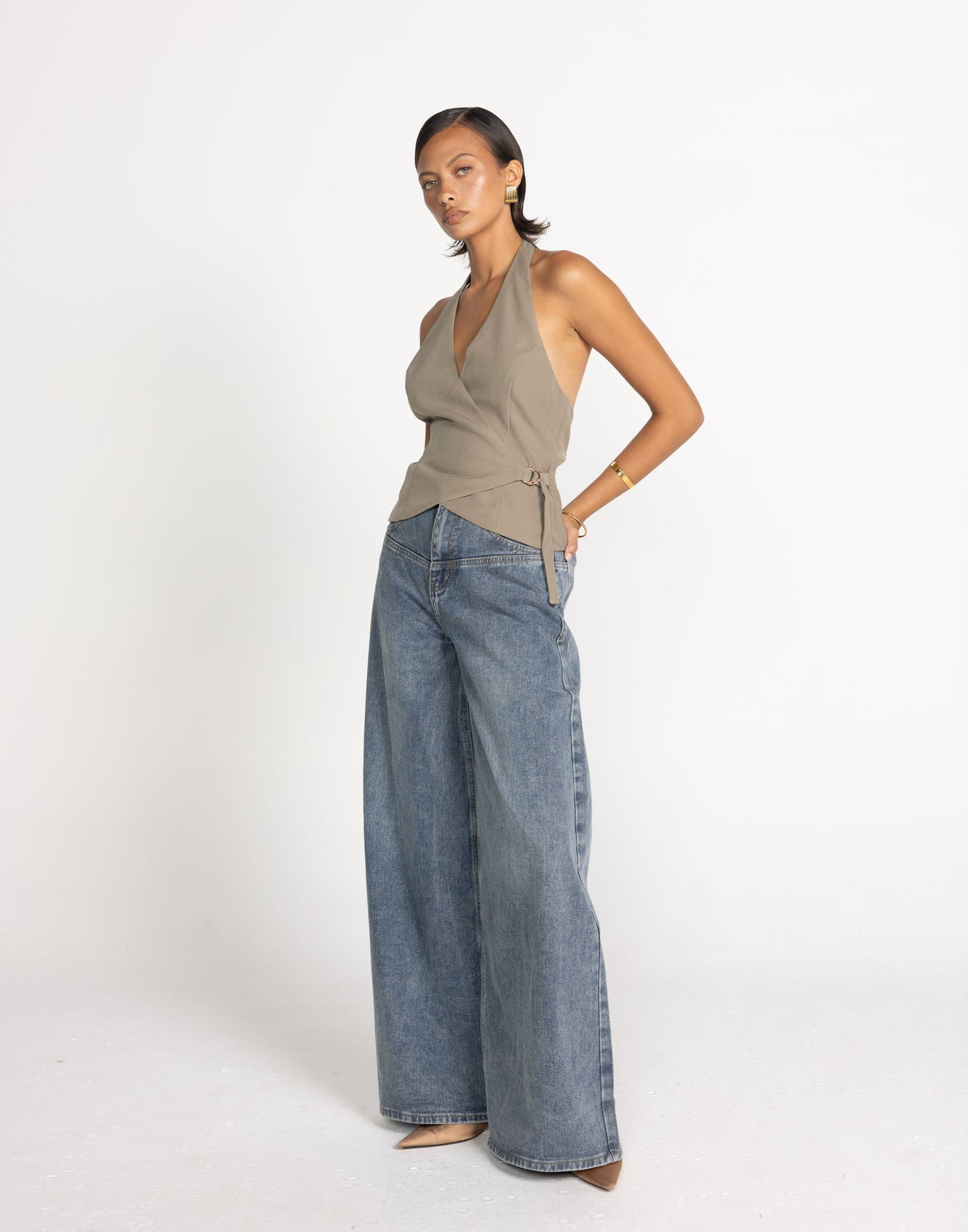 Malika Top (Stone) | CHARCOAL Exclusive - Stone V Neck Wrap Halter Top - Women's Top - Charcoal Clothing