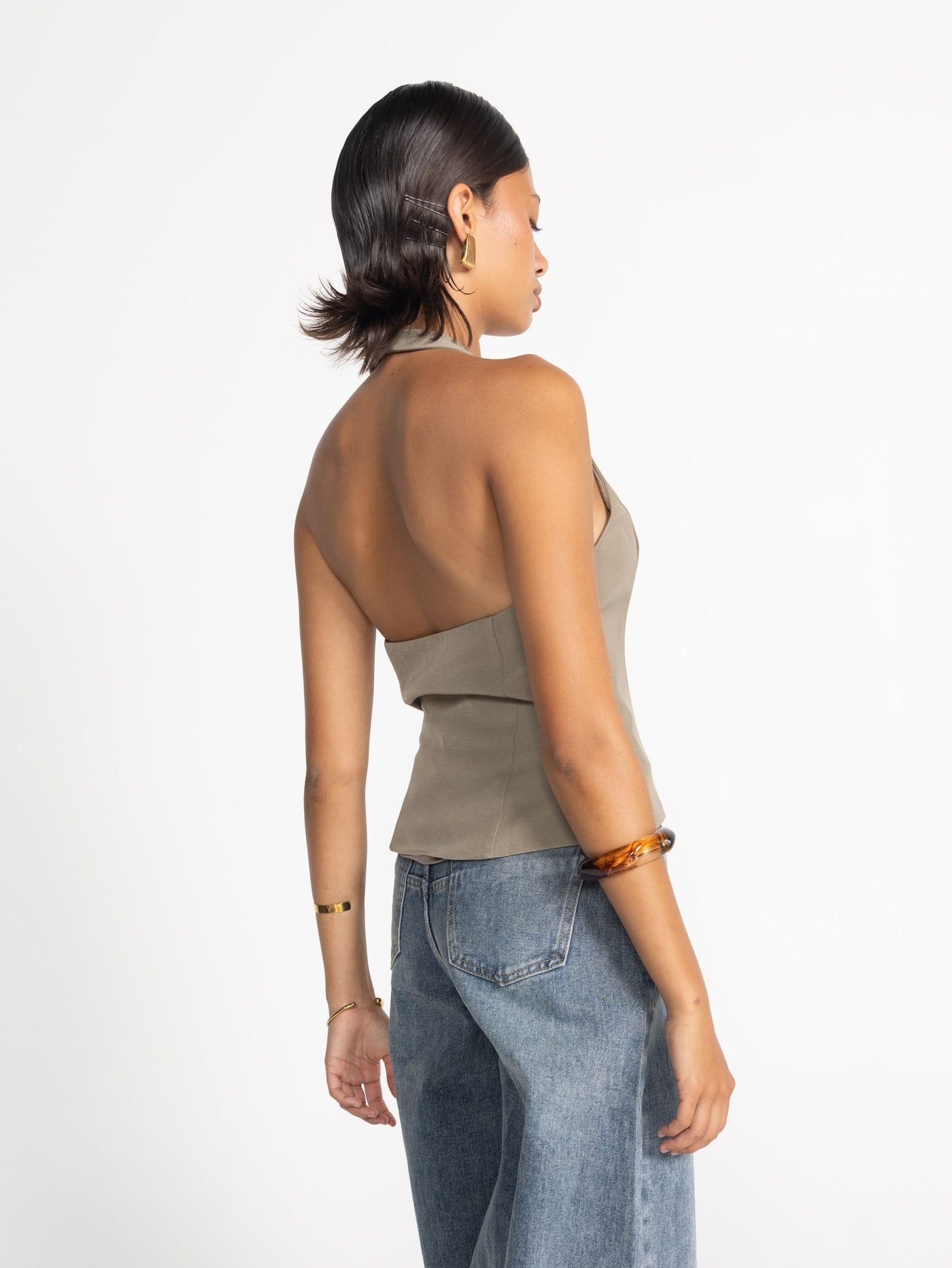 Malika Top (Stone) | CHARCOAL Exclusive - Stone V Neck Wrap Halter Top - Women's Top - Charcoal Clothing