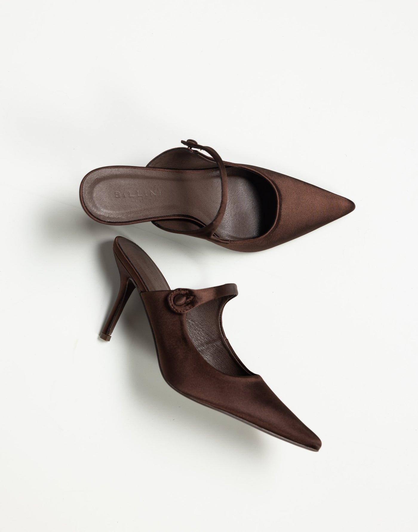 Kalio Heels (Espresso Satin) - By Billini - Pointed Toe Mid Stiletto Brown Heel - Women's Shoes - Charcoal Clothing