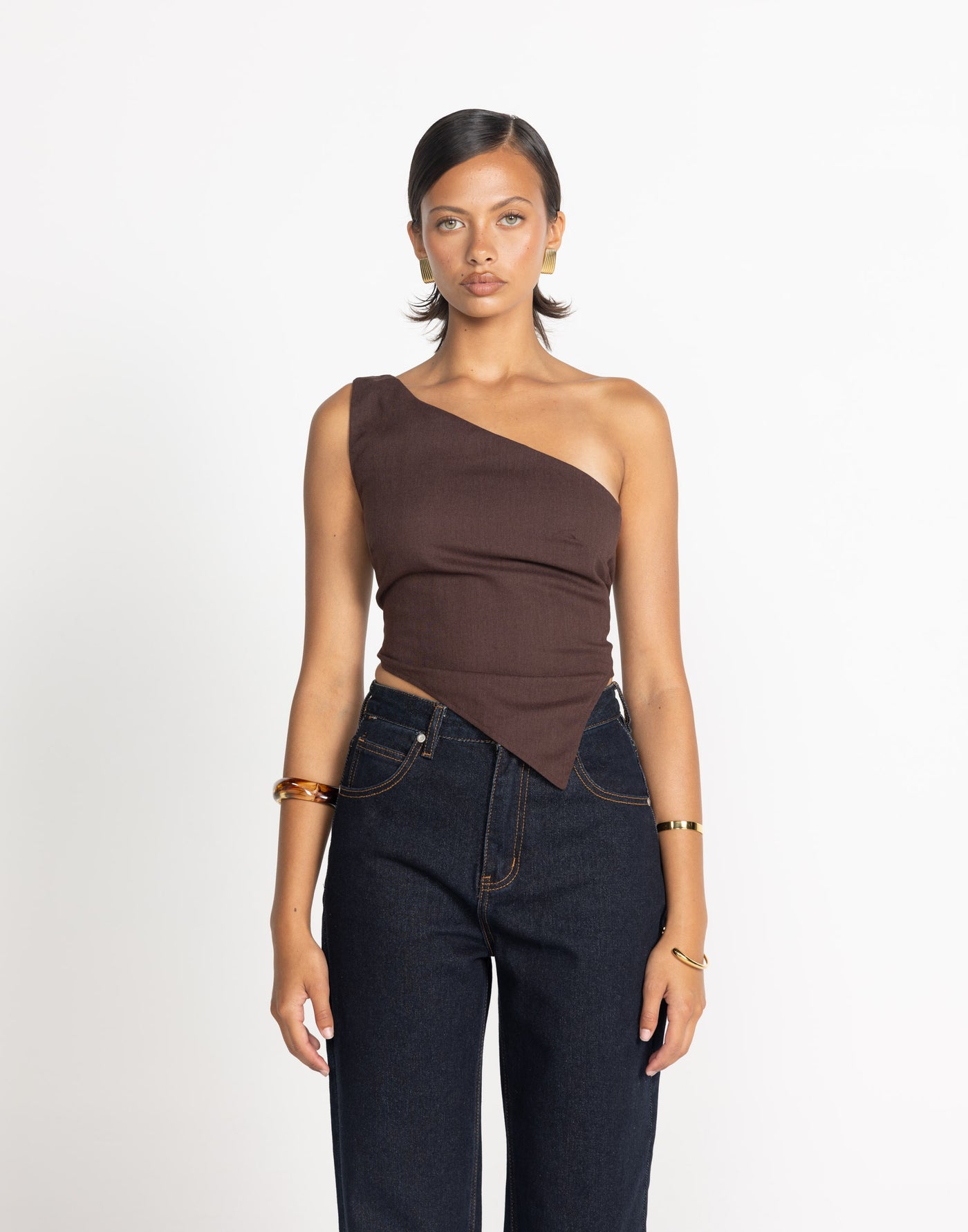 Lily-Rose Top (Chocolate) | CHARCOAL Exclusive - Chocolate Brown Tie Up One Shoulder Top - Women's Top - Charcoal Clothing