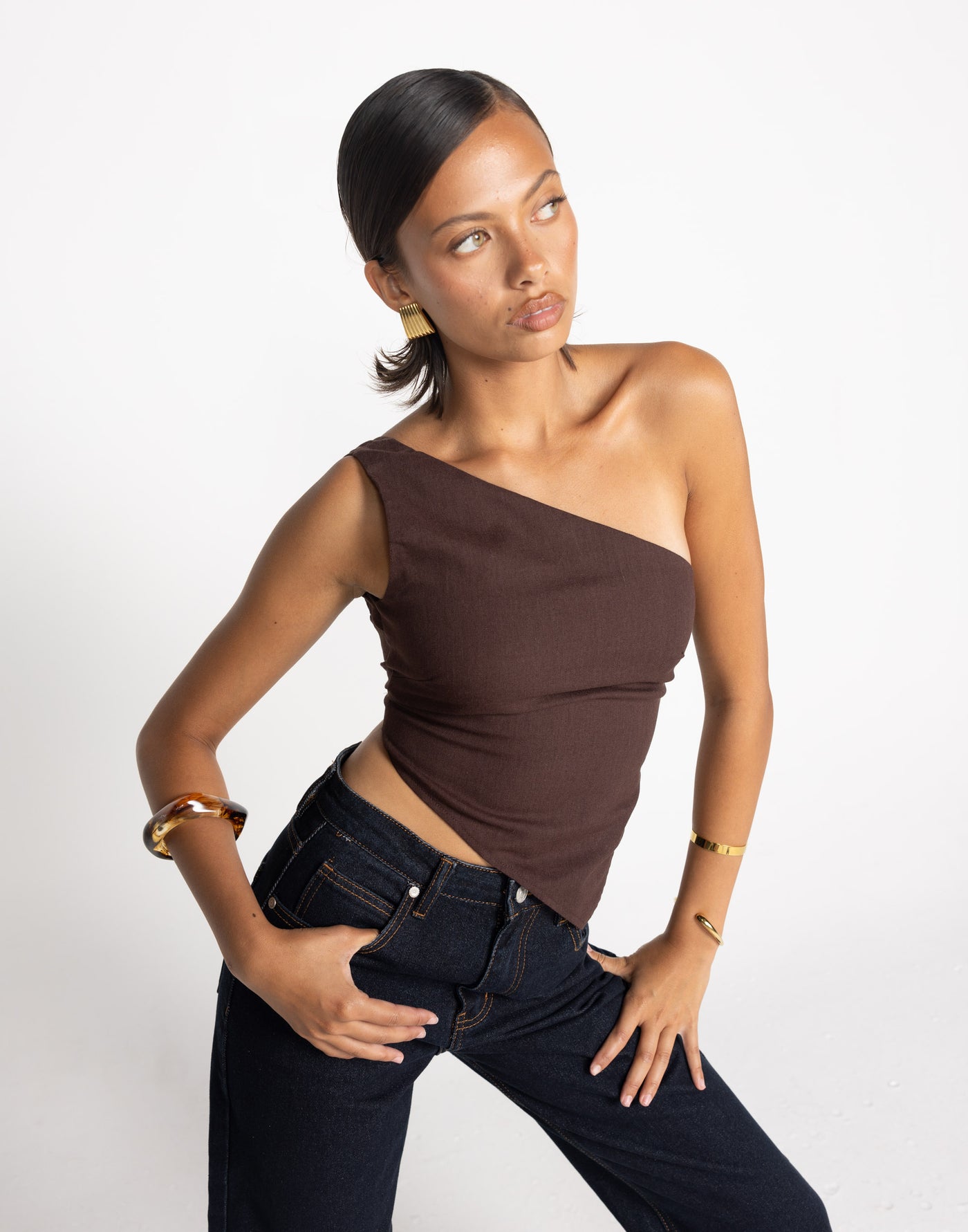 Lily-Rose Top (Chocolate) | CHARCOAL Exclusive - Chocolate Brown Tie Up One Shoulder Top - Women's Top - Charcoal Clothing