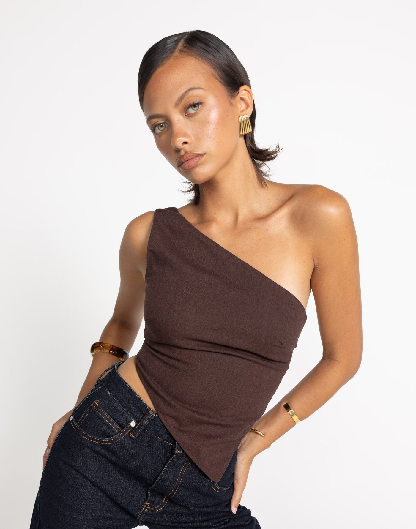Lily-Rose Top (Chocolate) | CHARCOAL Exclusive - Chocolate Brown Tie Up One Shoulder Top - Women's Top - Charcoal Clothing