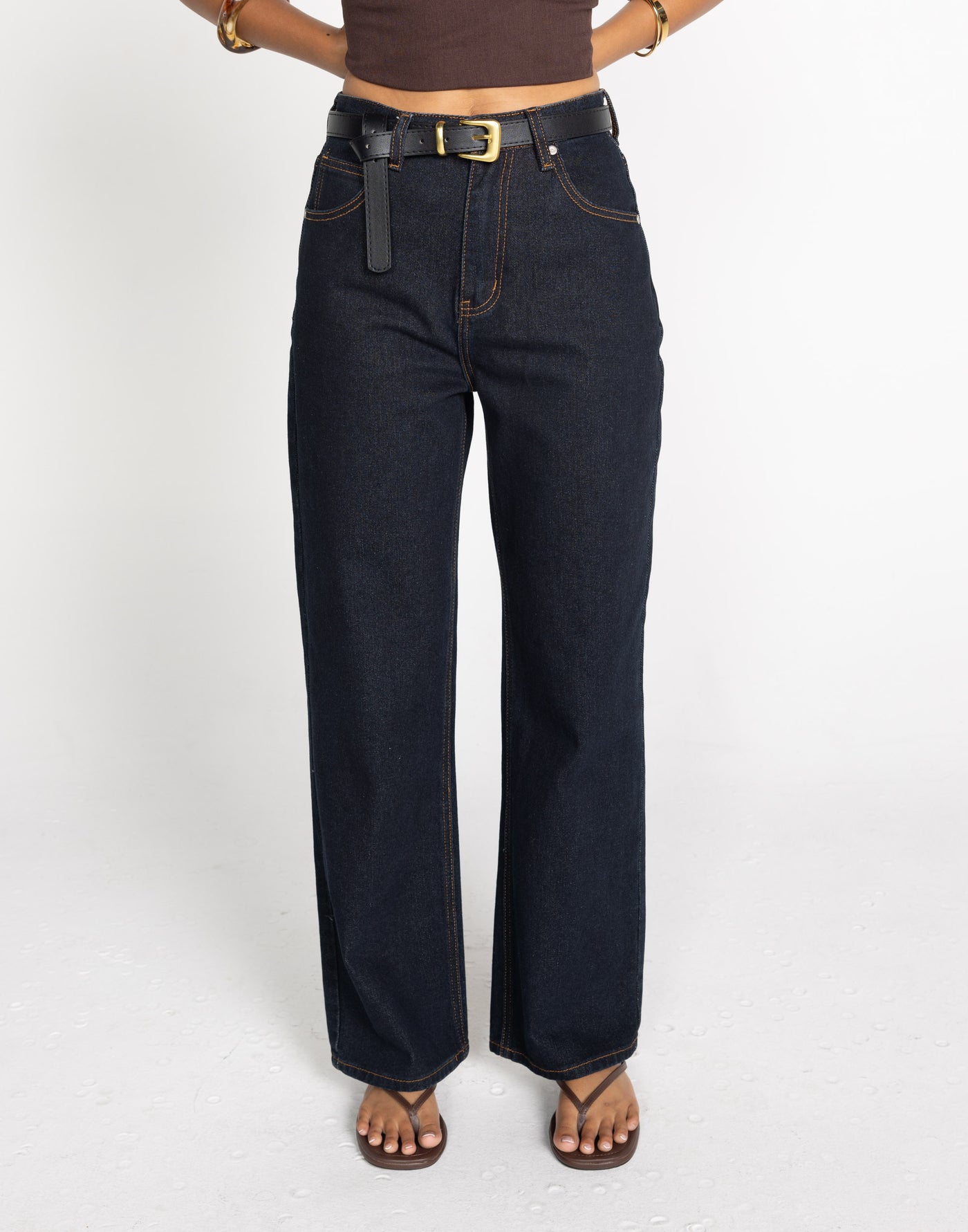 Aela Belt (Black) - Black Faux Leather Belt With Gold Buckle - Women's Accessories - Charcoal Clothing