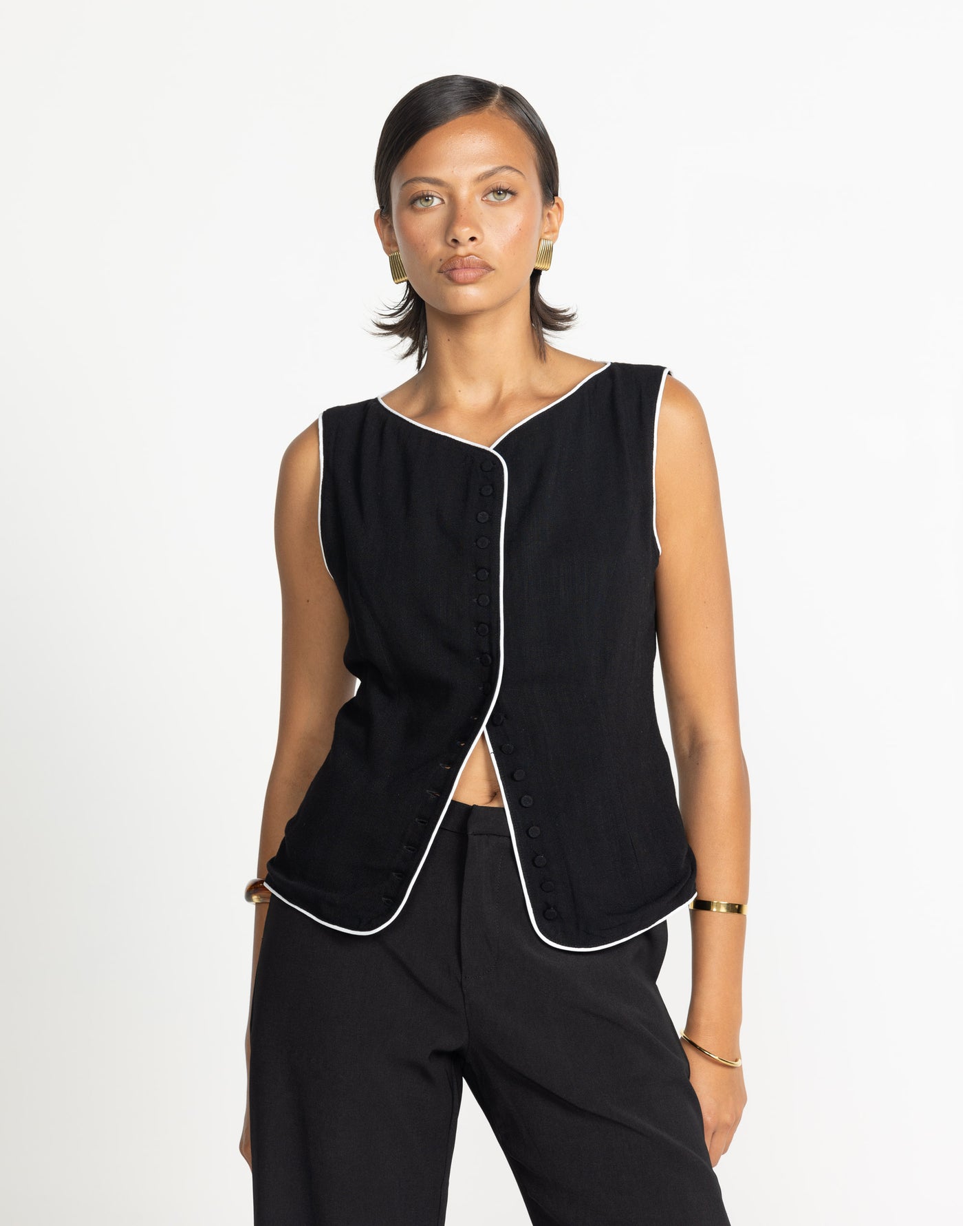 Asta Top (Black/ White) | Charcoal Exclusive - Button Detailed Loose Fitting Top - Women's Top - Charcoal Clothing