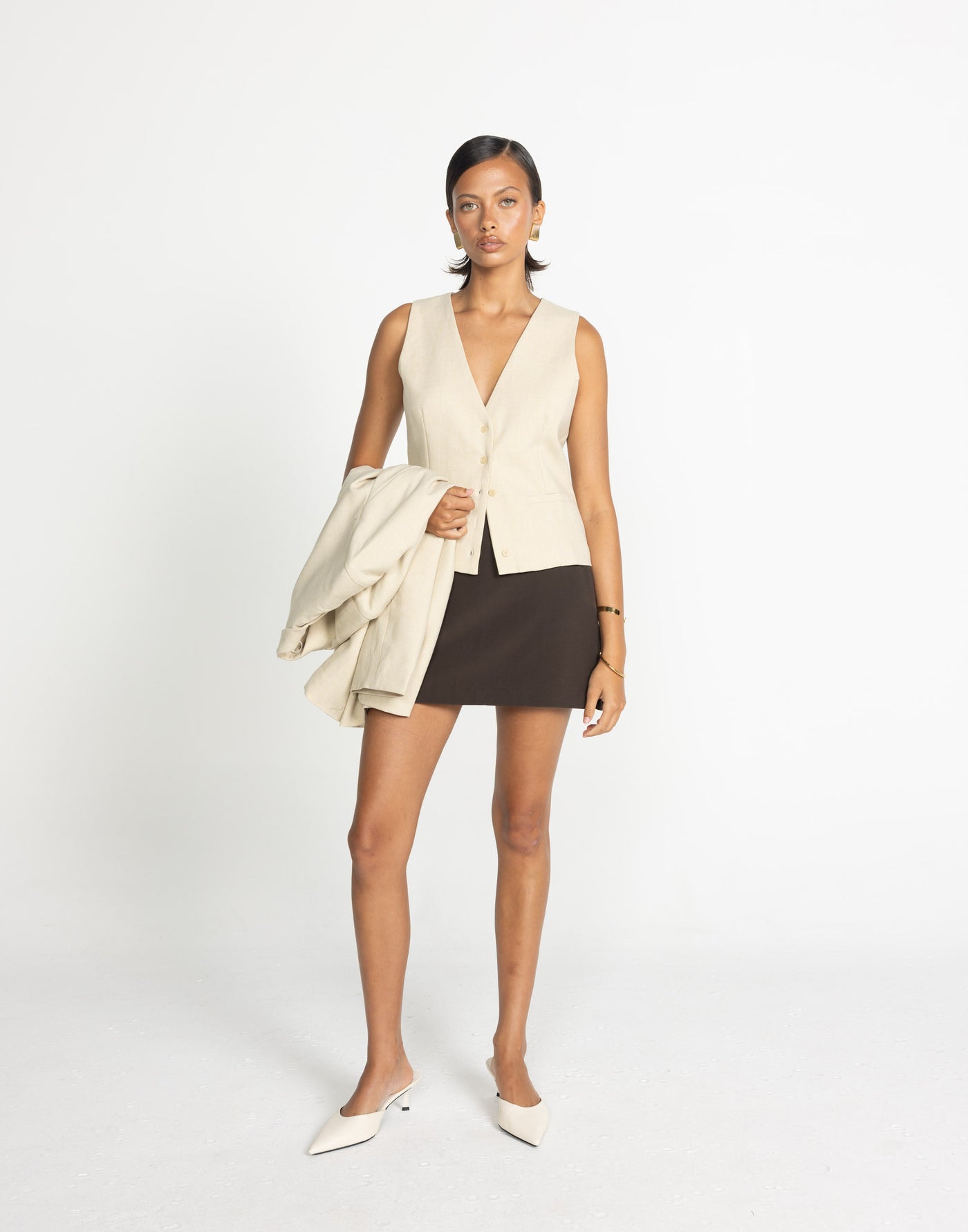 Reagan Vest (Sandstone) | CHARCOAL Exclusive - Button Closure Collared Neckline Vest - Women's Top - Charcoal Clothing