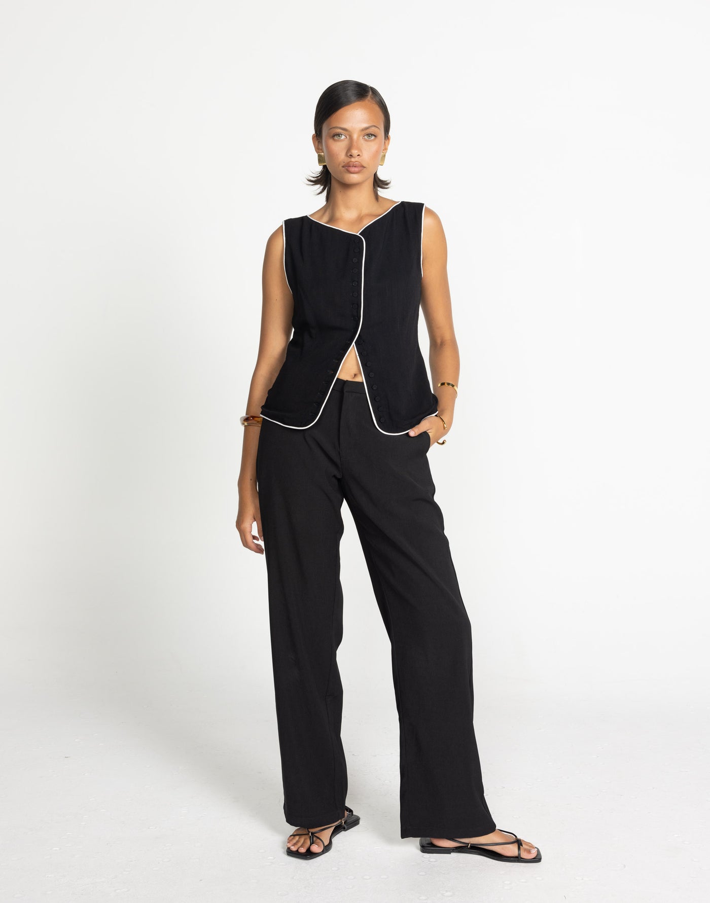 Asta Top (Black/ White) | Charcoal Exclusive - Button Detailed Loose Fitting Top - Women's Top - Charcoal Clothing