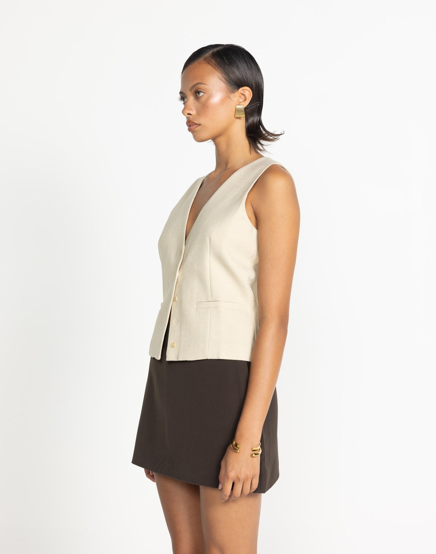 Reagan Vest (Sandstone) | CHARCOAL Exclusive - Button Closure Collared Neckline Vest - Women's Top - Charcoal Clothing