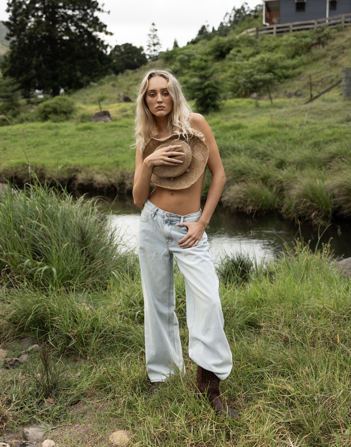 Roman Jeans (Light Blue) - CHARCOAL EXCLUSIVE - Low rise wide leg denim jeans with functional pockets - Women's Pants - Charcoal Clothing