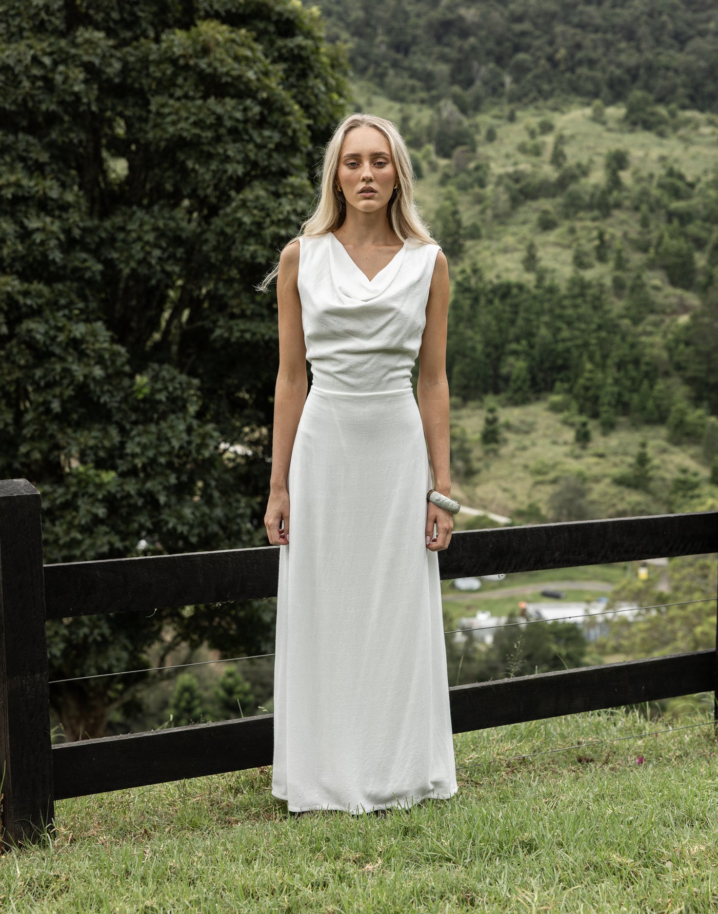 Shoreline Maxi Dress (White) - CHARCOAL EXCLUSIVE - Cowl neckline linen flowy maxi dress with adjustable back tie - Women's Dress - Charcoal Clothing